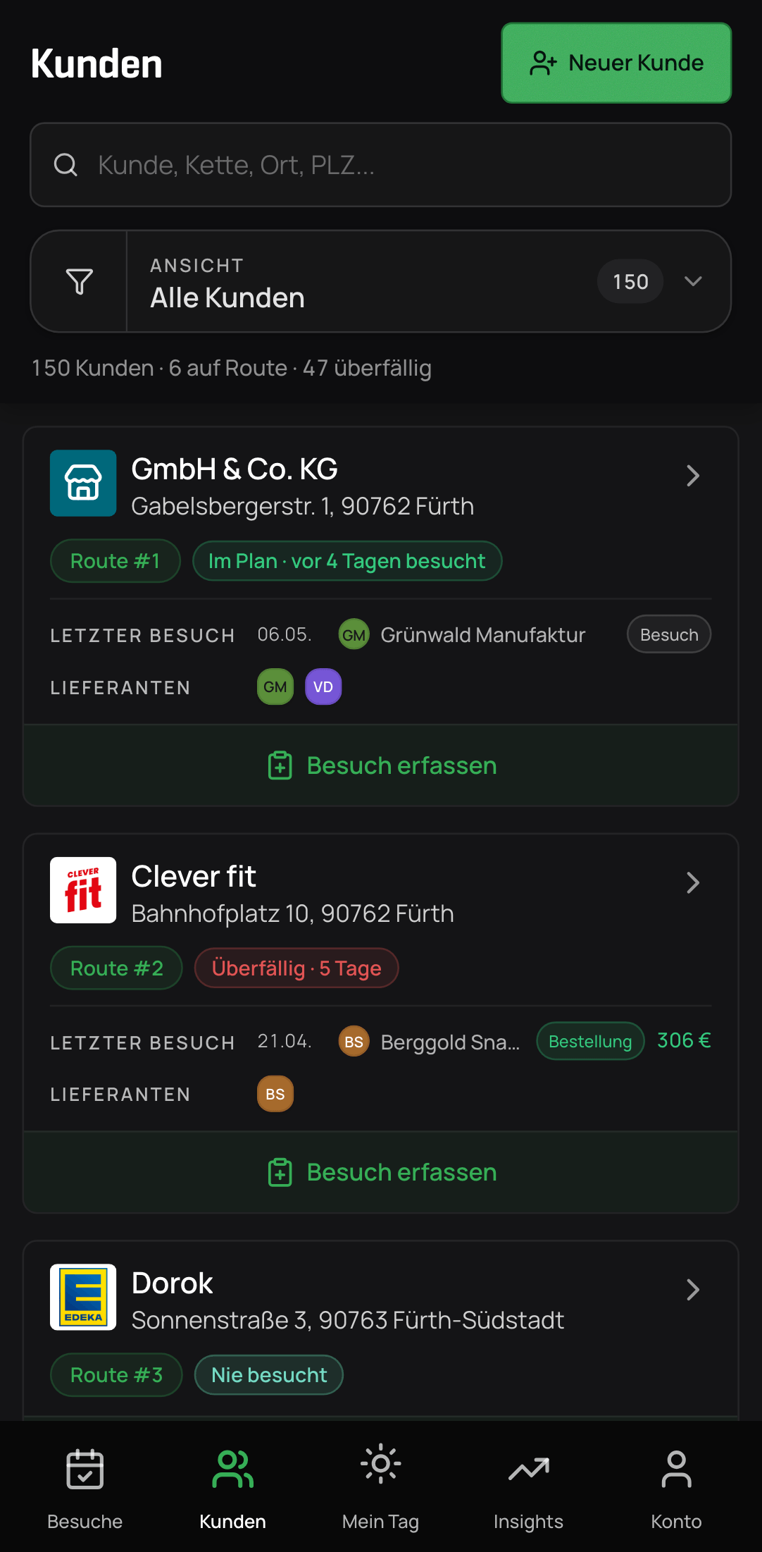 FieldProFlow mobile Kundenliste mit verifizierten Standorten aus mehreren Kategorien