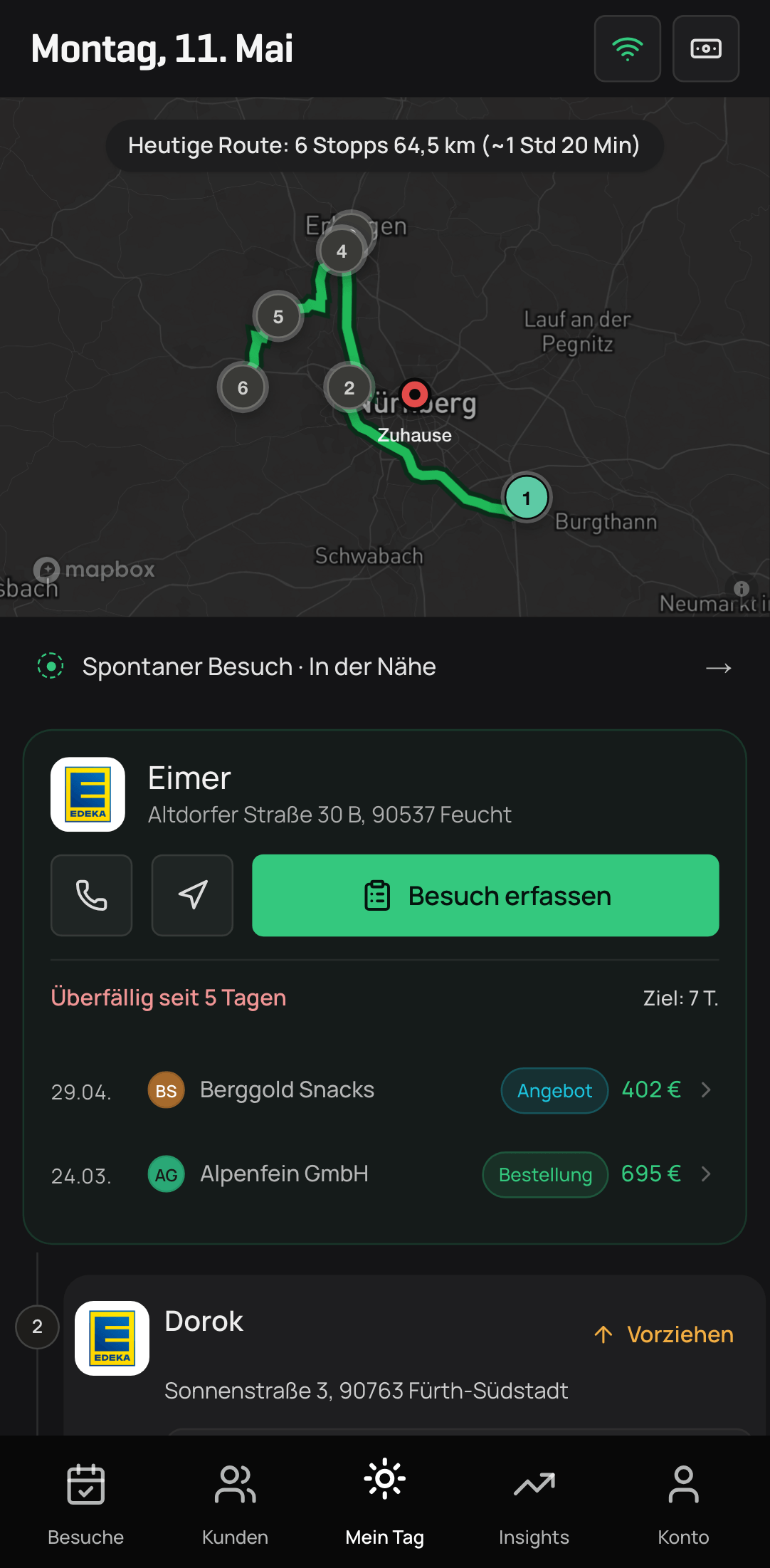 FieldProFlow mobile Mein Tag Ansicht mit Route und nächstem Besuch