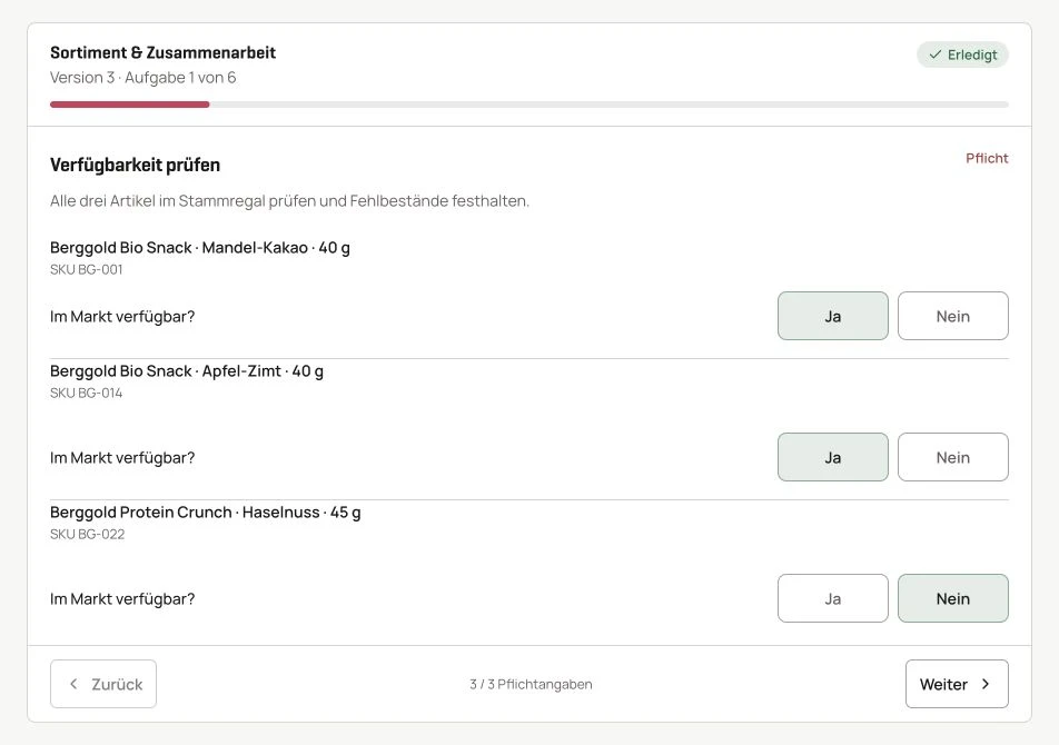 Brands-Demo: Vorschau eines Besuchsablaufs mit Produktprüfungen und Gesprächsvorgaben